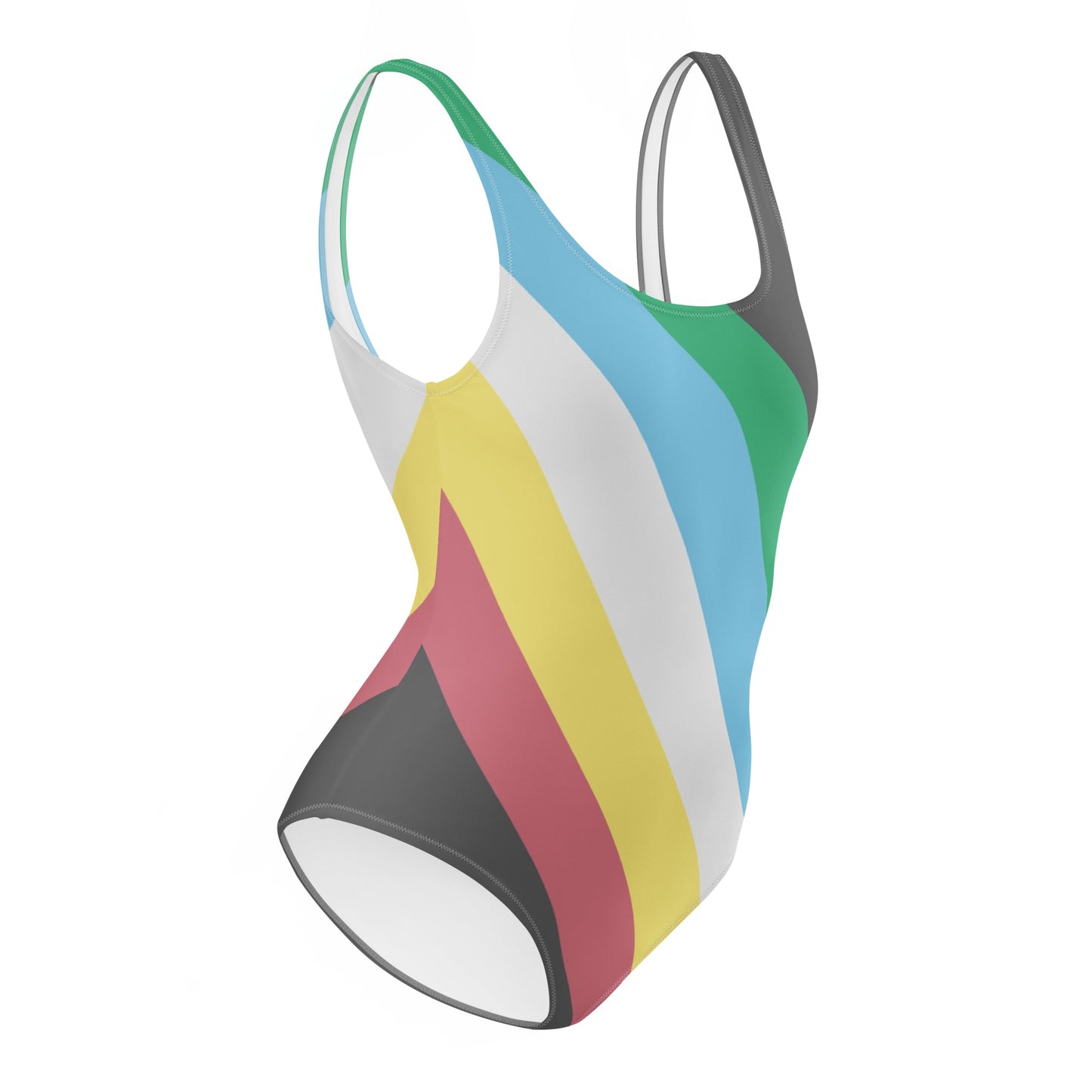 Colorful swimsuit with a rainbow pattern on a white background