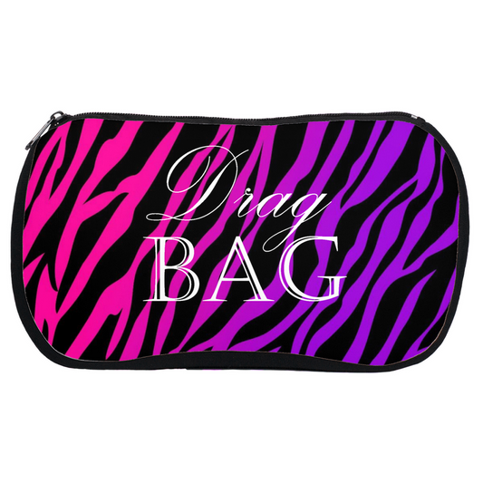 Pouch with pink and purple zebra pattern and 'Drag Bag' text on a white background