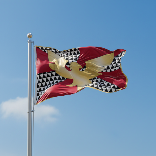 A waving flag with red, black-and-white checkered sections and a large gold bird emblem, attached to a silver flagpole against a clear blue sky.
