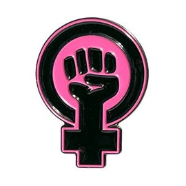 Pink and black female symbol with a raised resist fist inside a gender equality symbol on a white background