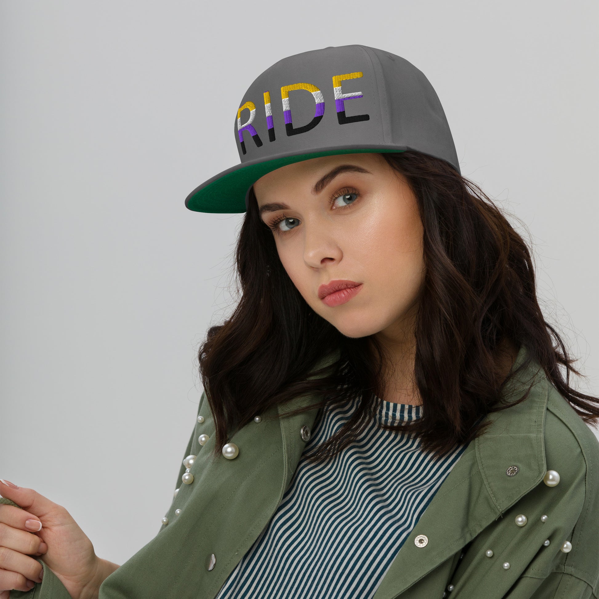 Nonbinary Enby Pride Embroidered Snapback Baseball Cap flat-bill-cap-grey-front-676a0ffdb9eff