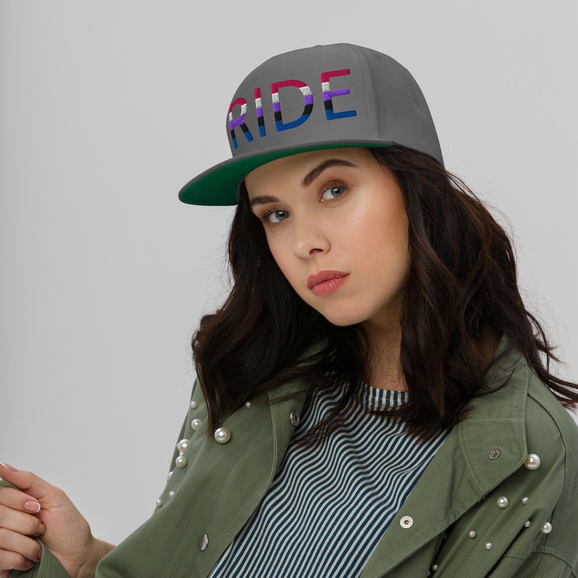 Genderfluid Pride Embroidered Snapback Baseball Cap flat-bill-cap-grey-front-676a10ffeb73c