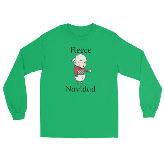 green long sleeve tee shirt with cute sheep wearing a holiday sweater, holding a cup of coffee and black text that reads 'Fleece Navidad'