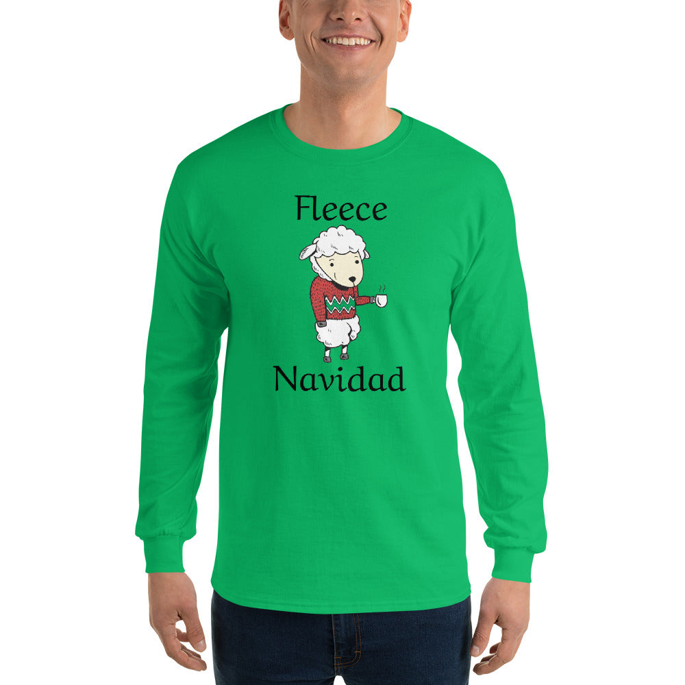 person wearing a green long sleeve tee shirt with cute sheep wearing a holiday sweater, holding a cup of coffee and black text that reads 'Fleece Navidad'