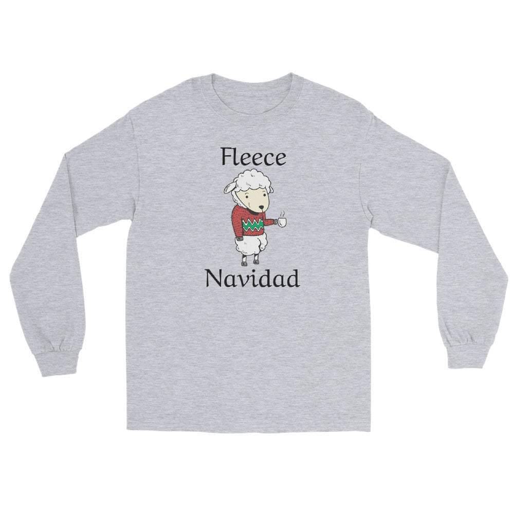 grey long sleeve tee shirt with cute sheep wearing a holiday sweater, holding a cup of coffee and black text that reads 'Fleece Navidad'