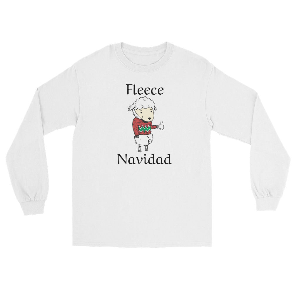 white long sleeve tee shirt with cute sheep wearing a holiday sweater, holding a cup of coffee and black text that reads 'Fleece Navidad'