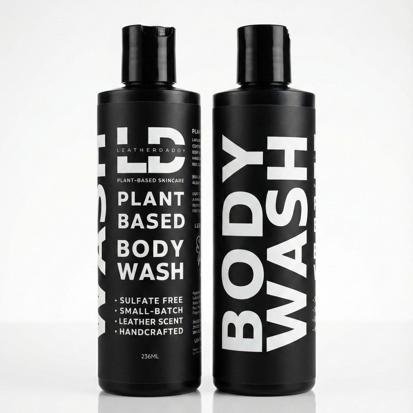 black bottle of body wash with brand Leather Daddy and Plant Based Body Wash in white lettering