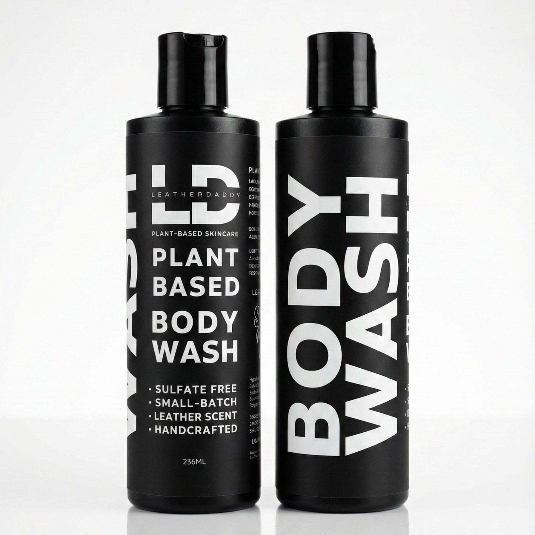 black bottle of body wash with brand Leather Daddy and Plant Based Body Wash in white lettering