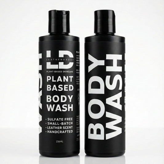 black bottle of body wash with brand Leather Daddy and Plant Based Body Wash in white lettering