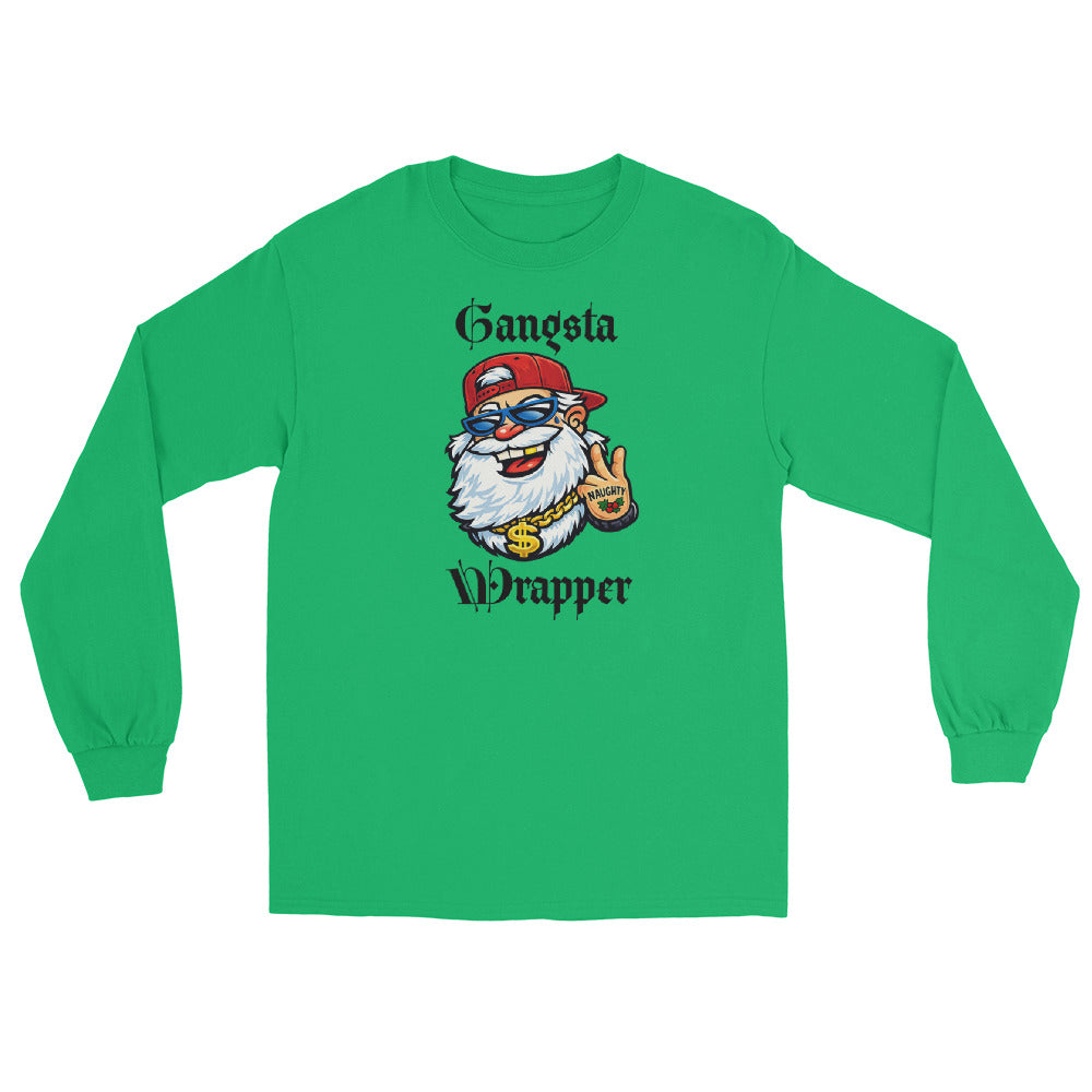Green long sleeve t-shirt with 'Gangsta Wrapper' and an image of Santa Claus with a gold chain, tattoo, sunglasses, and a baseball hat.