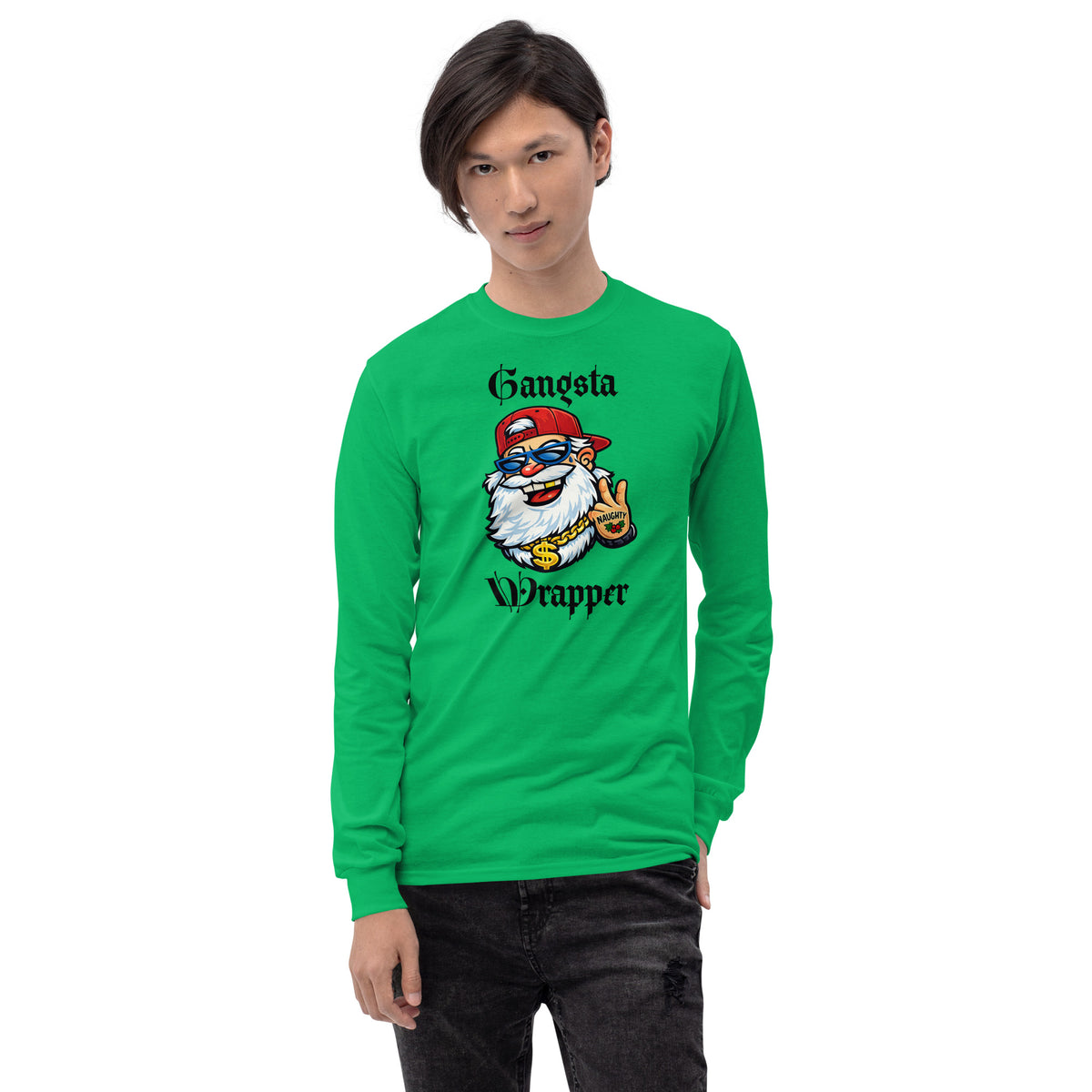 Person wearing a green long sleeve t-shirt with 'Gangsta Wrapper' and an image of Santa Claus with a gold chain, tattoo, sunglasses, and a baseball hat.