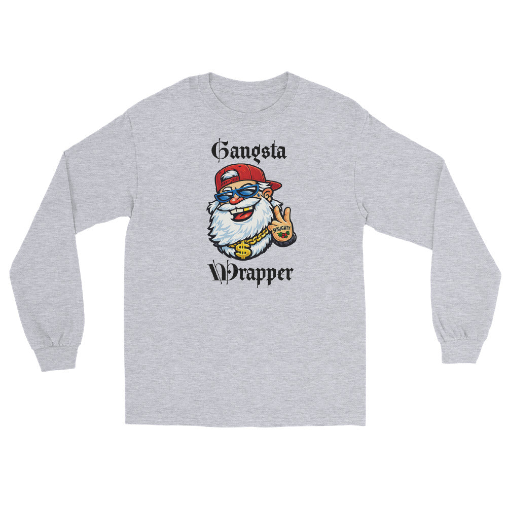 Grey long sleeve t-shirt with 'Gangsta Wrapper' and an image of Santa Claus with a gold chain, tattoo, sunglasses, and a baseball hat.