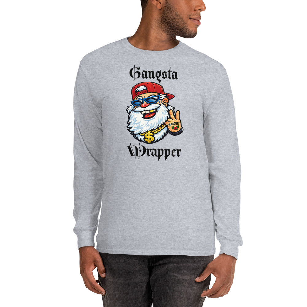 Person wearing a grey long sleeve t-shirt with 'Gangsta Wrapper' and an image of Santa Claus with a gold chain, tattoo, sunglasses, and a baseball hat.