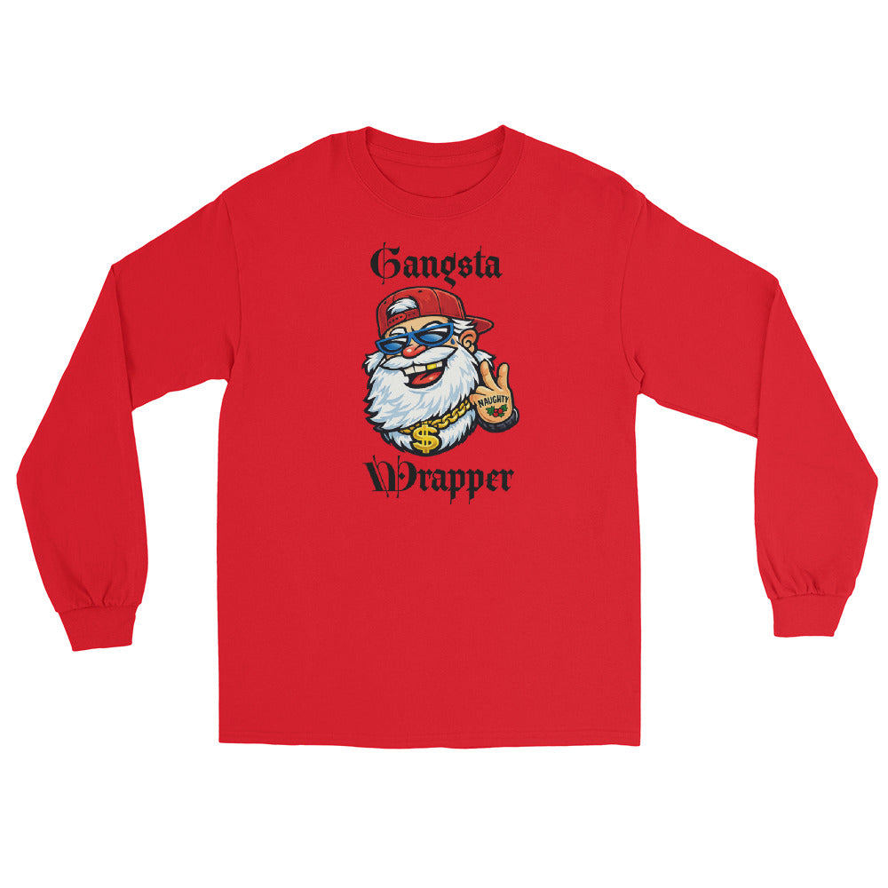 Red long sleeve t-shirt with 'Gangsta Wrapper' and an image of Santa Claus with a gold chain, tattoo, sunglasses, and a baseball hat.