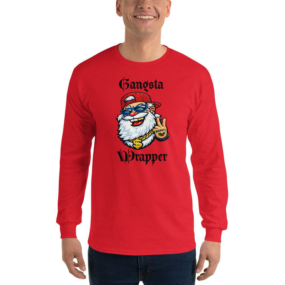 person wearing a red long sleeve t-shirt with 'Gangsta Wrapper' and an image of Santa Claus with a gold chain, tattoo, sunglasses, and a baseball hat.