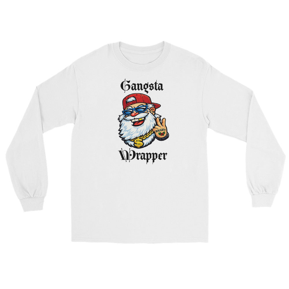 White long sleeve t-shirt with 'Gangsta Wrapper' and an image of Santa Claus with a gold chain, tattoo, sunglasses, and a baseball hat.