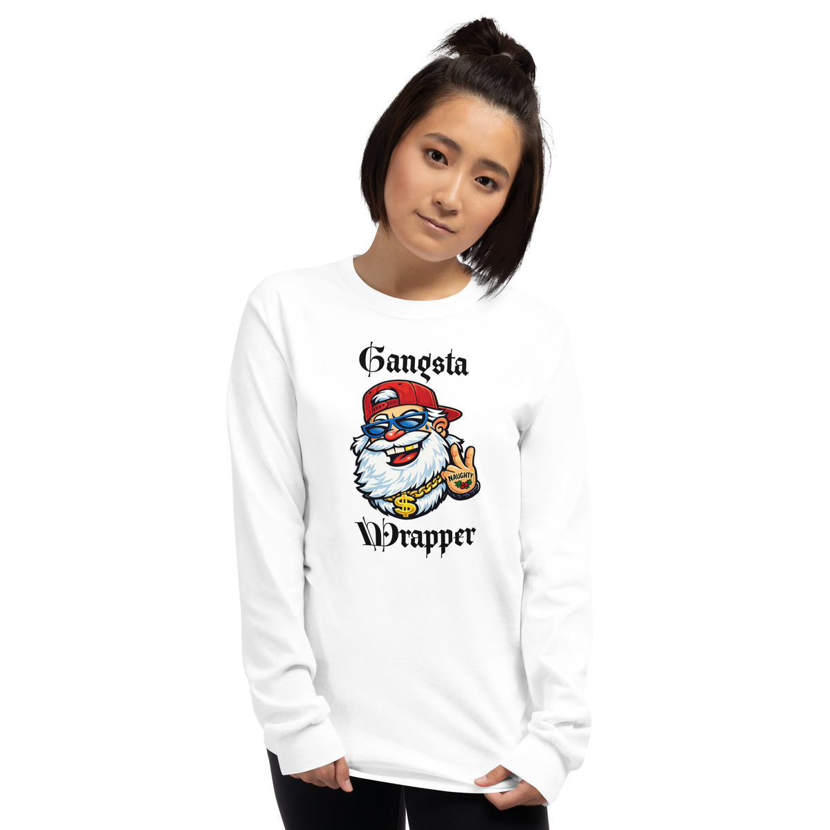 person wearing a white long sleeve t-shirt with 'Gangsta Wrapper' and an image of Santa Claus with a gold chain, tattoo, sunglasses, and a baseball hat.