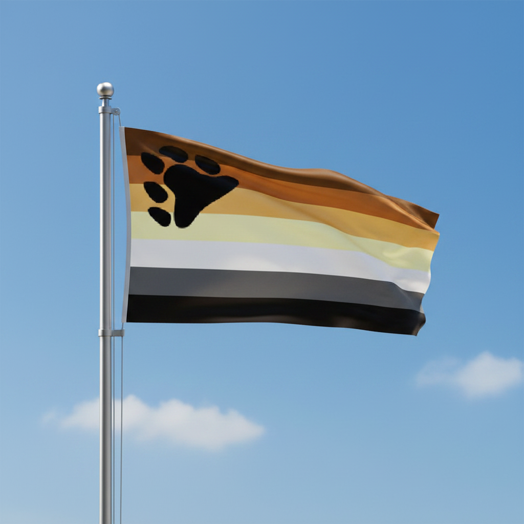 A gay bear pride flag on a silver flagpole waving against a blue sky with a few clouds. The flag has horizontal stripes in brown, tan, cream, white, gray, and black, with a large black paw print in the upper left area.
