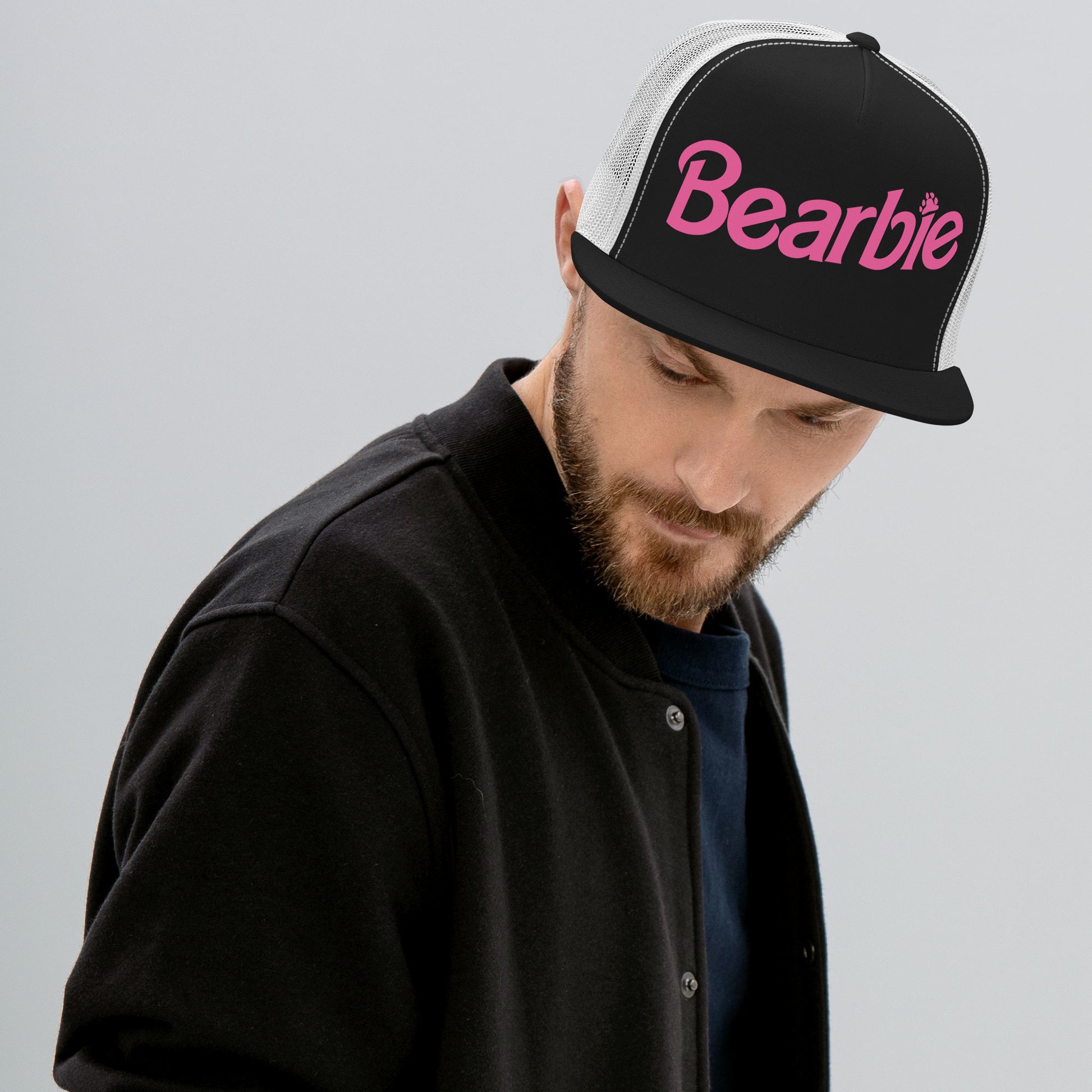 Gay Bear Bearbie Trucker Cap gay-bear-bearbie-trucker-cap-hat-black-white-front-lifestyle