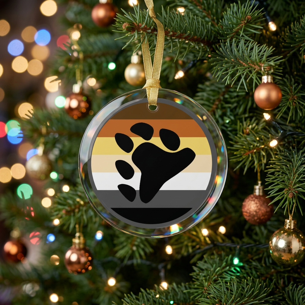 Round clear glass holiday ornament with the gay bear pride flag colors and a black paw print in center hung from Christmas tree with lights using a golden ribbon