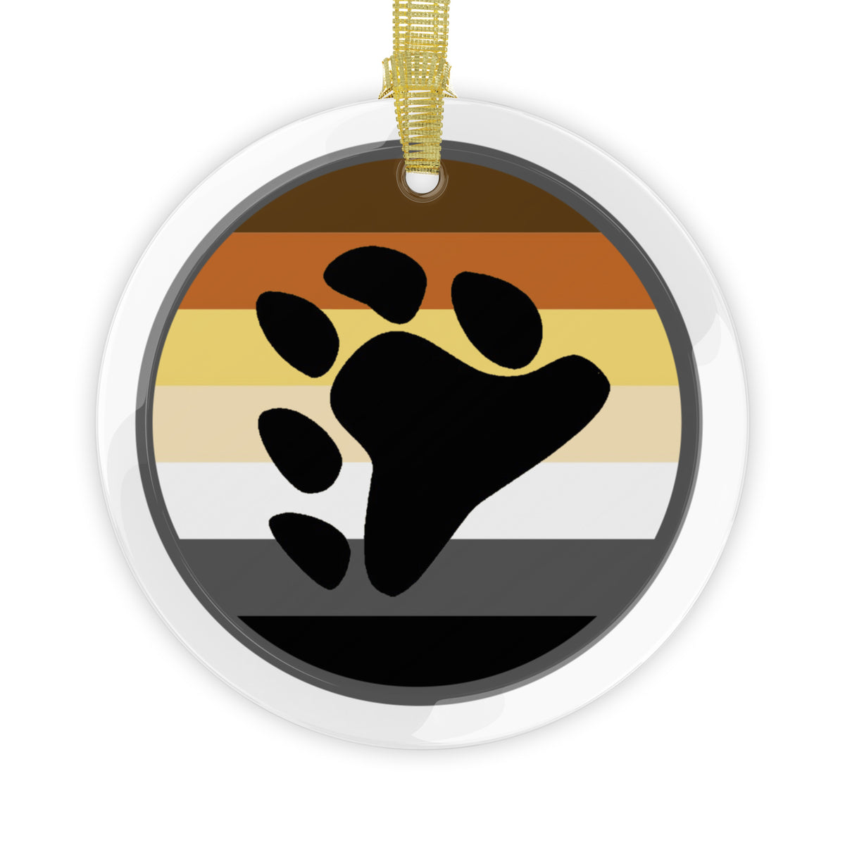 Round clear glass holiday ornament with the gay bear pride flag colors and a paw print in center with a golden ribbon in top center for hanging