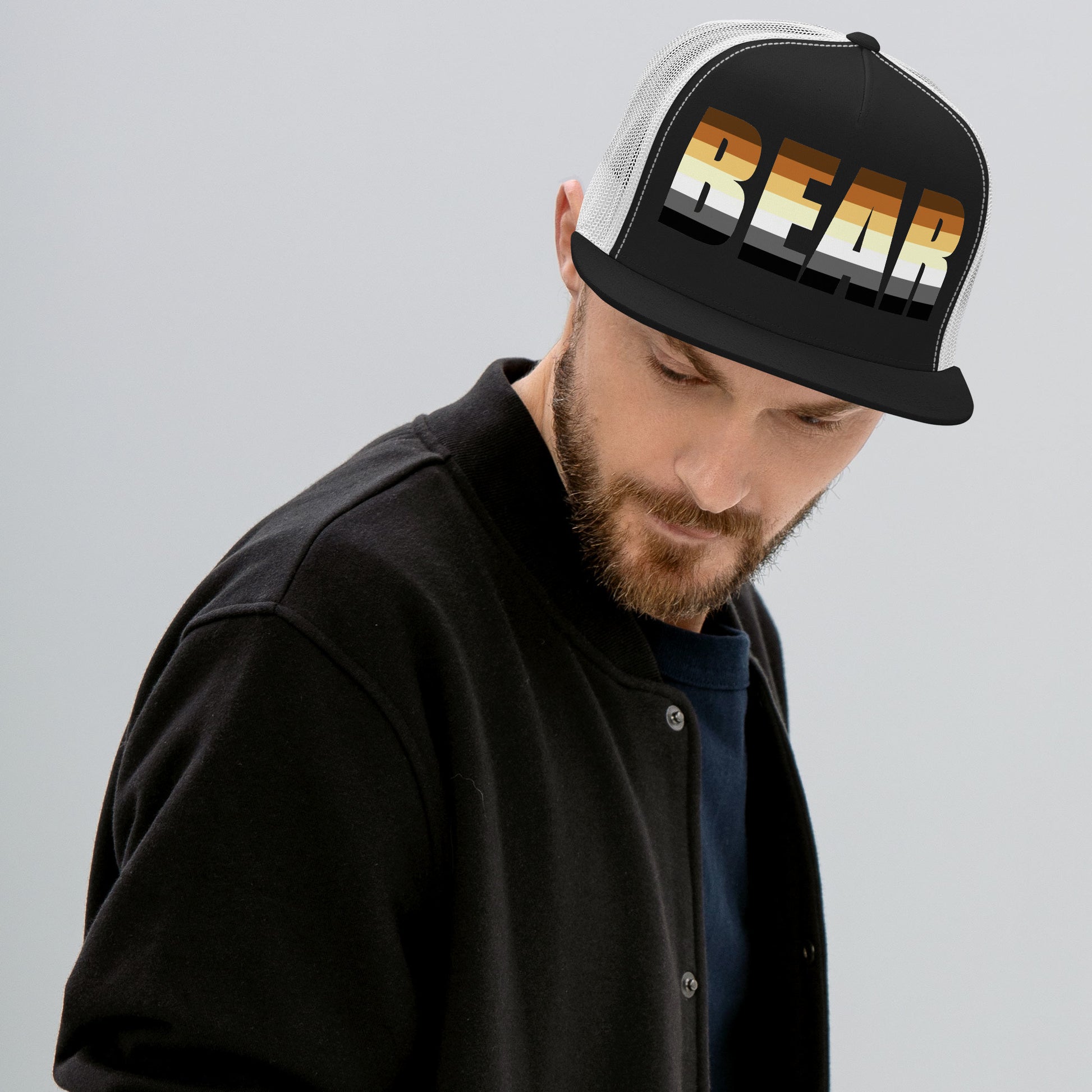Gay Bear Trucker Cap gay-bear-trucker-cap-hat-black-white-front-lifestyle