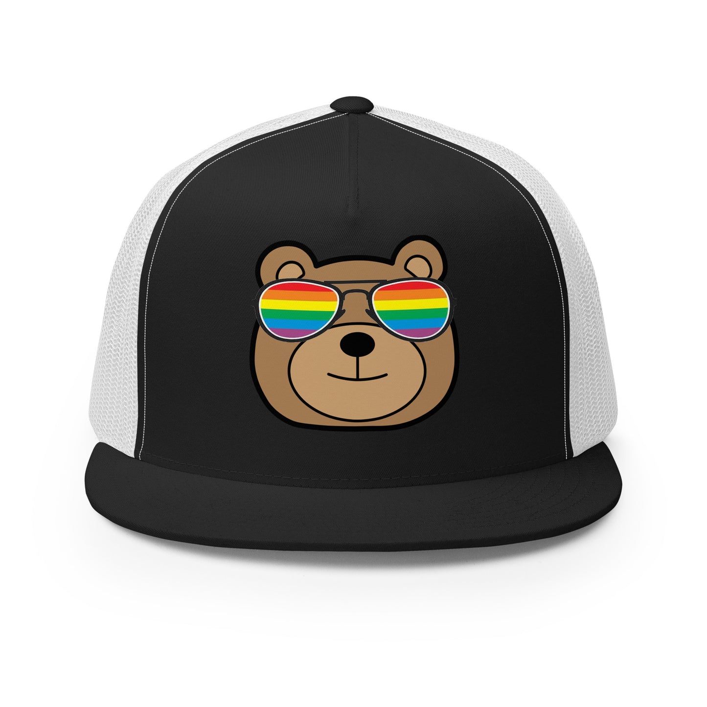 Gay Bear with Rainbow Sunglasses Trucker Baseball Cap Hat Black White Gay gay-bear-with-rainbow-sunglasses-trucker-baseball-cap-hat-black-white-front Trucker Caps