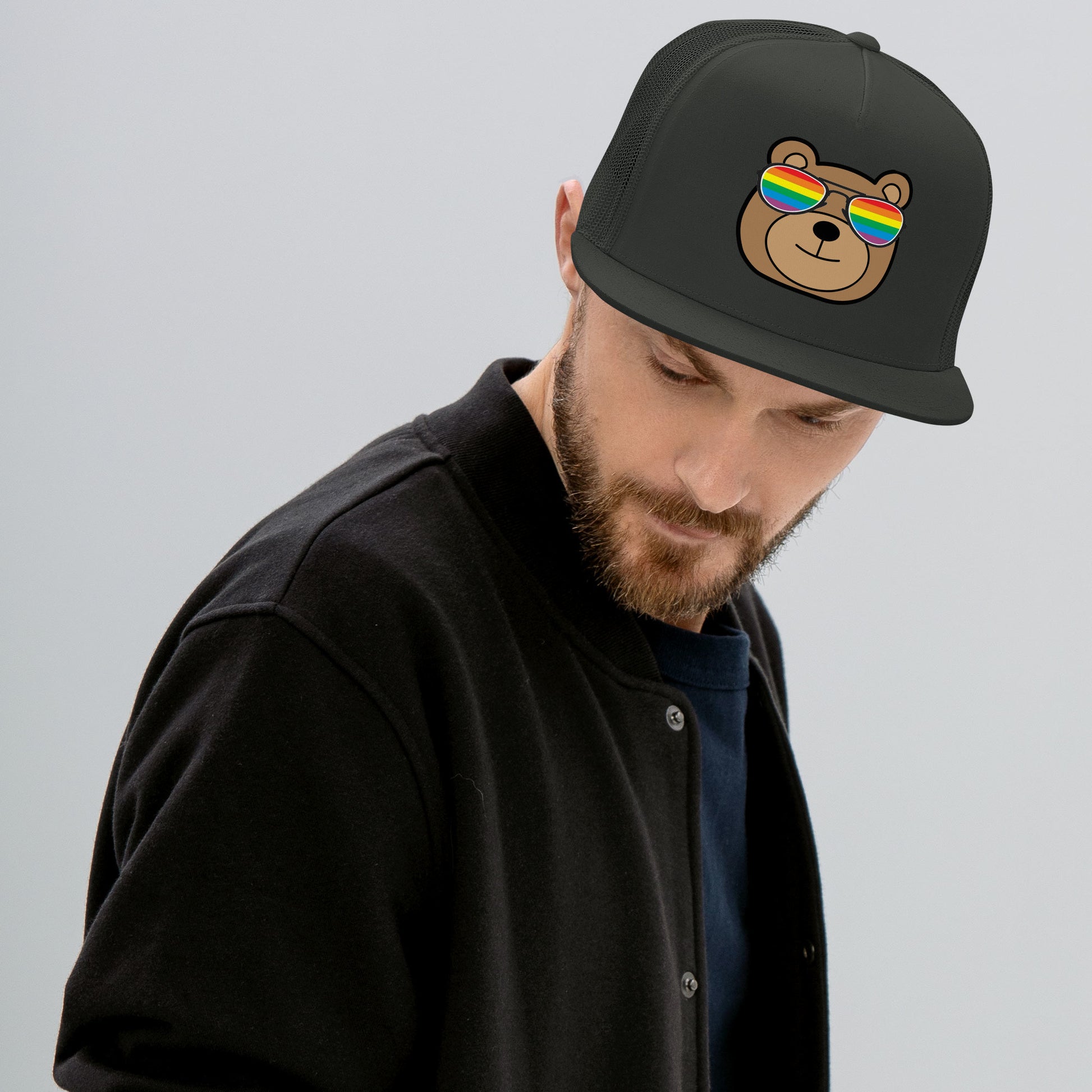 Gay Bear with Rainbow Sunglasses Trucker Baseball Cap Hat gay-bear-with-rainbow-sunglasses-trucker-baseball-cap-hat-cap-charcoal-front-lifestyle Trucker Caps