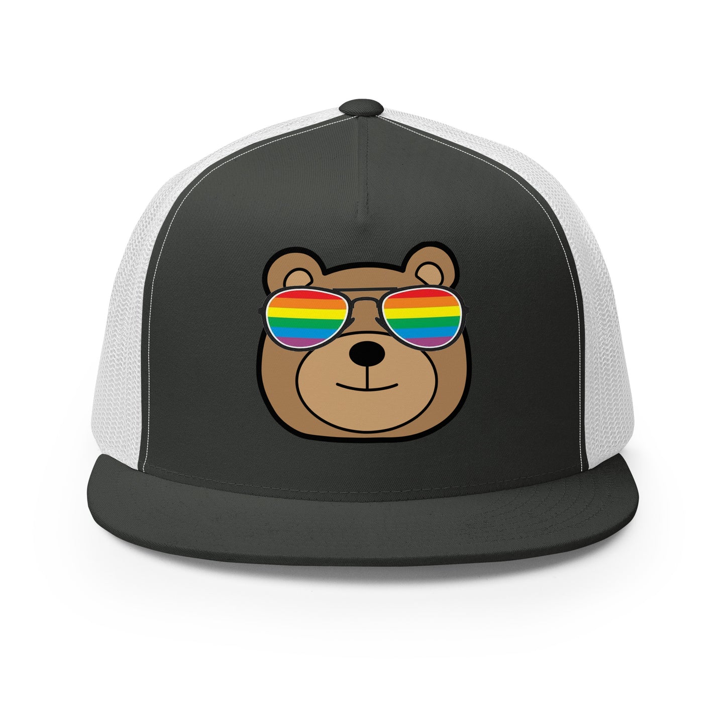 Gay Bear with Rainbow Sunglasses Trucker Baseball Cap Hat Charcoal White Gay gay-bear-with-rainbow-sunglasses-trucker-baseball-cap-hat-charcoal-white-front Trucker Caps