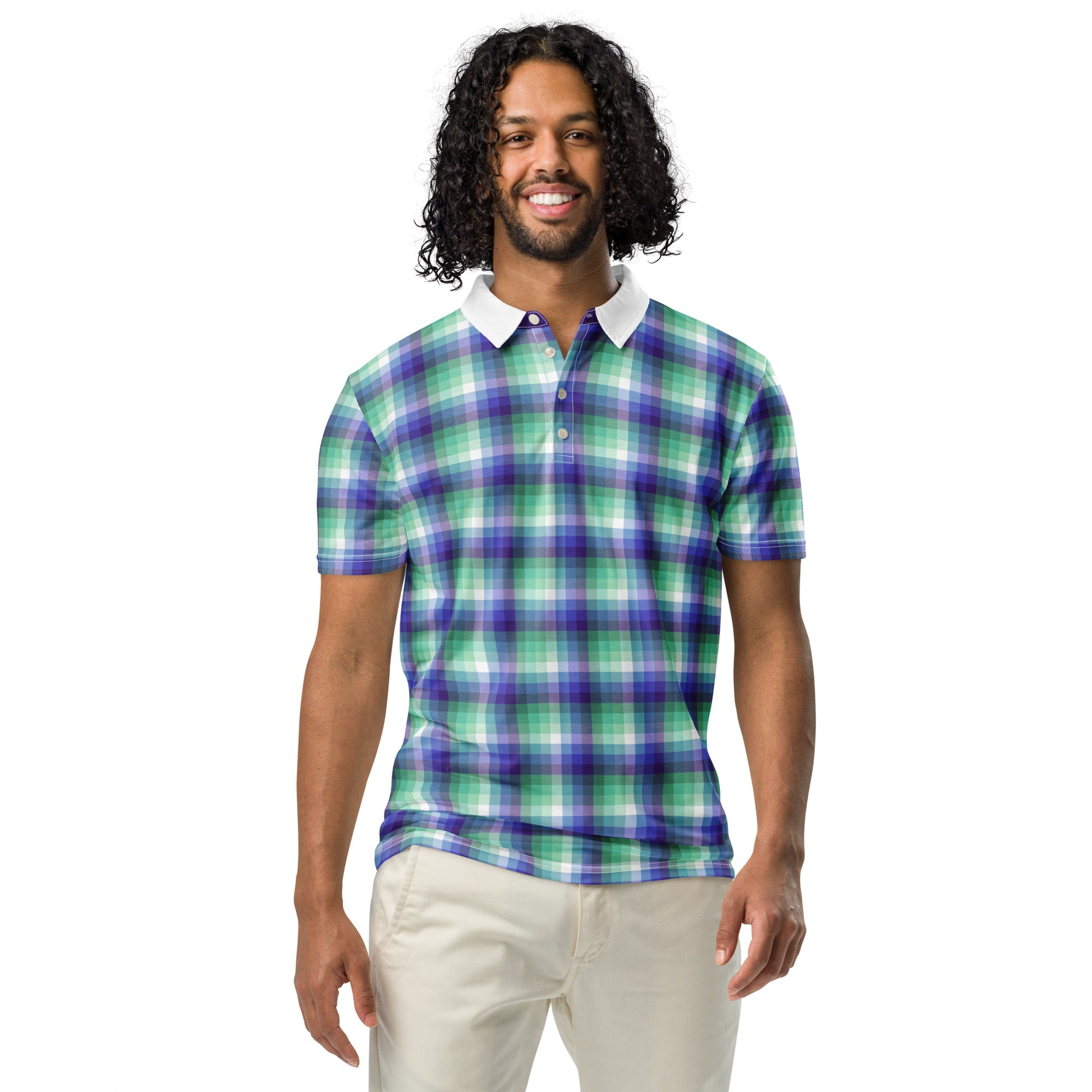 Gay MLM Plaid Men’s Slim Fit Polo gay-mlm-plaid-men-s-slim-fit-polo-front-model