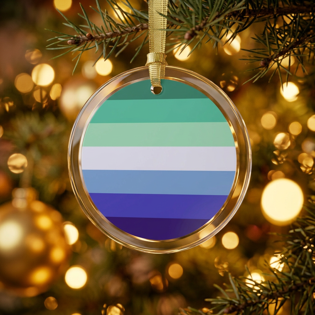 round clear glass holiday ornament with the gay men's MLM pride flag colors in the center hung from a traditional Christmas tree with lights