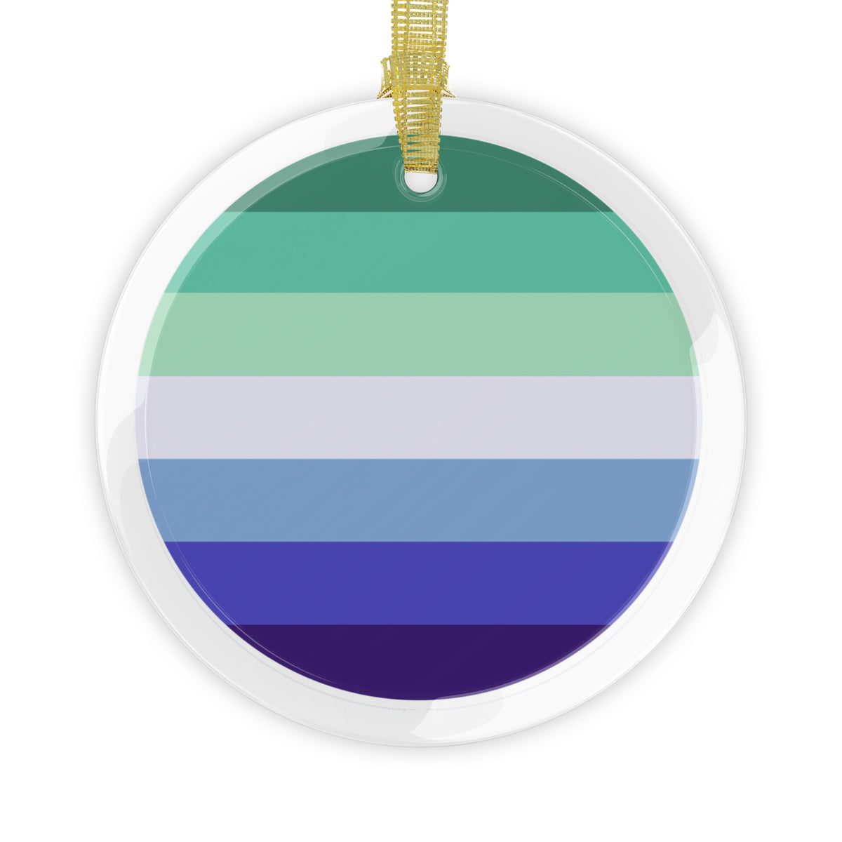 round clear glass holiday ornament with the gay mens mlm pride flag colors in the center and a gold ribbon for hanging at top center