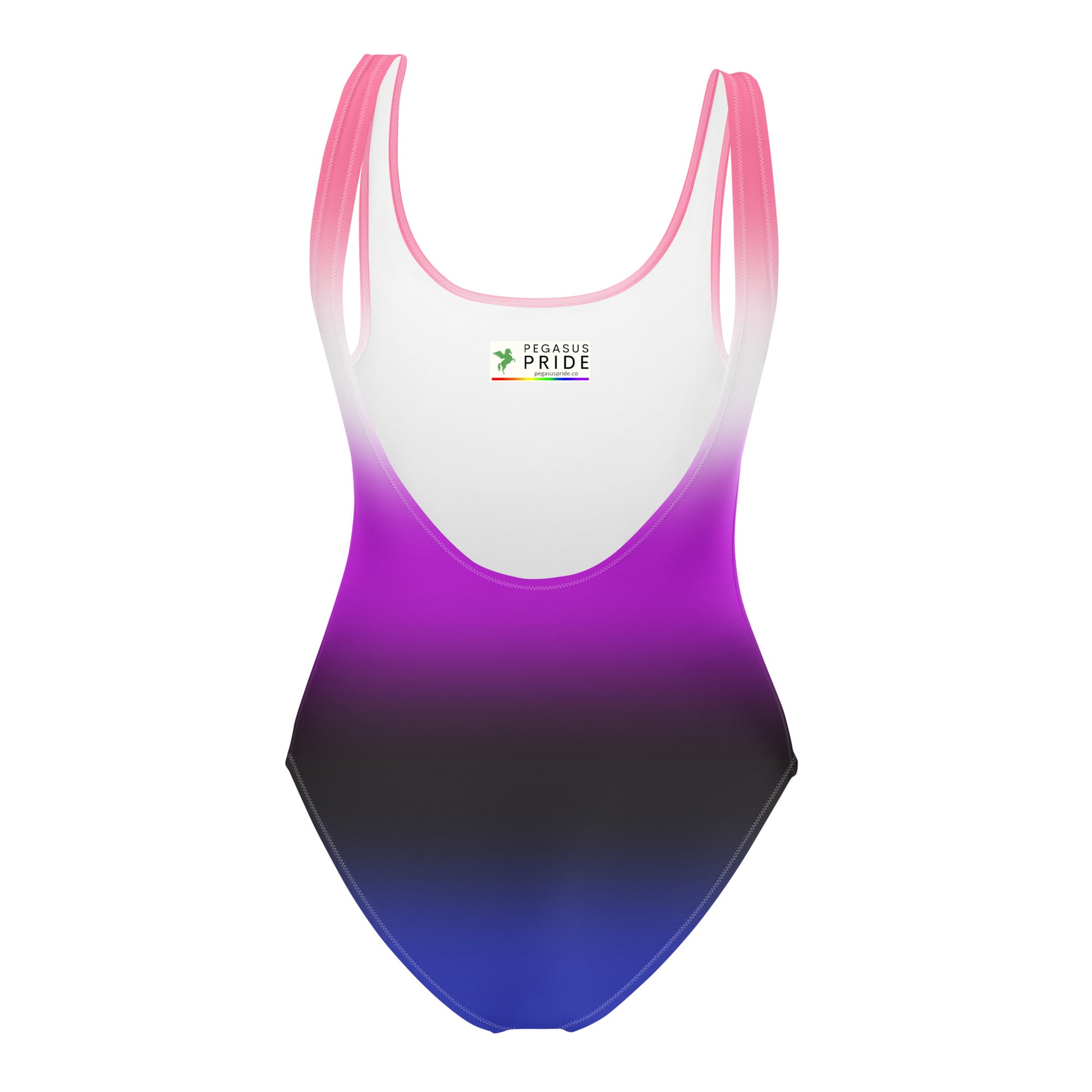 Gradient swimsuit with pink, purple, and white colors on a white background