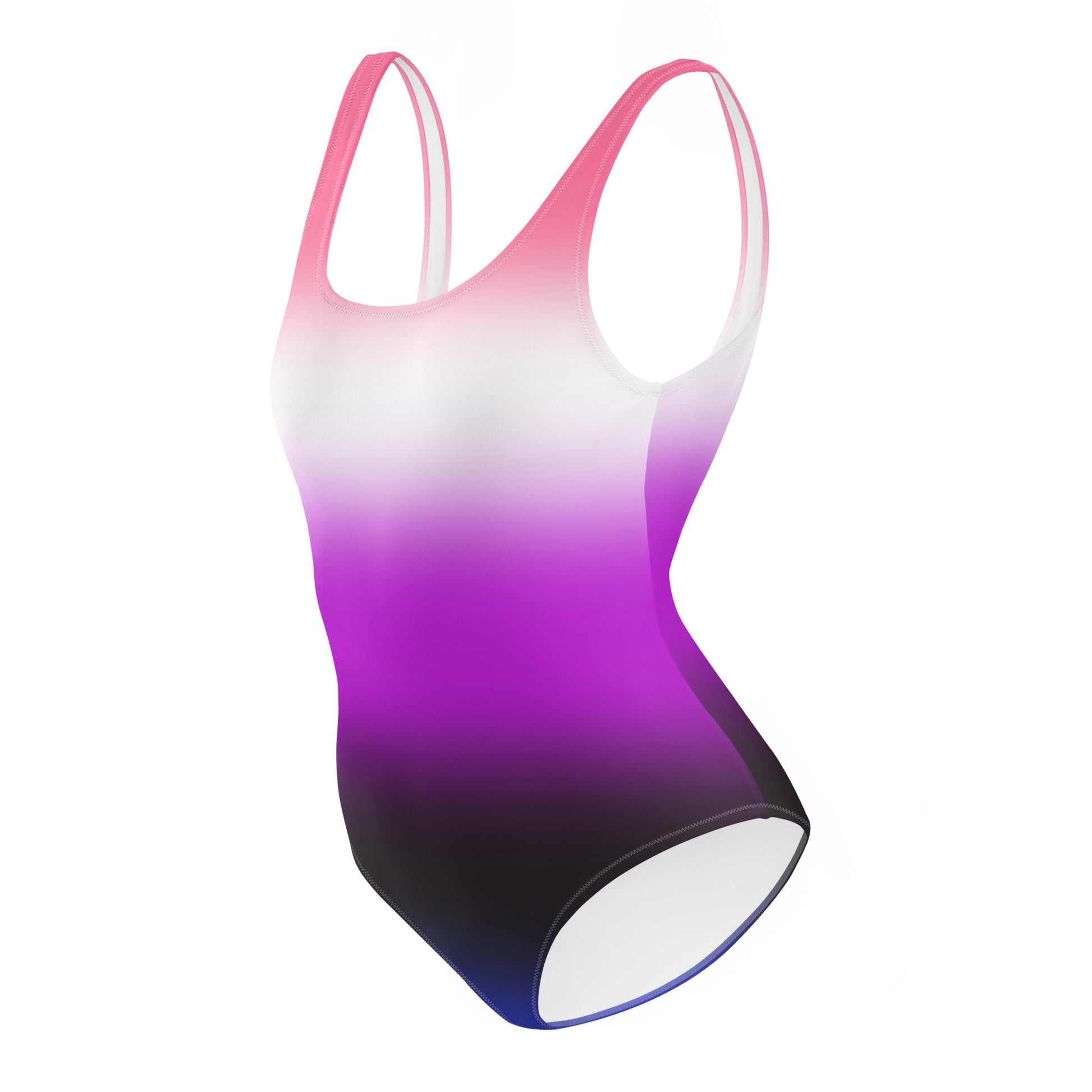 Gradient swimsuit with pink to purple color change on a white background