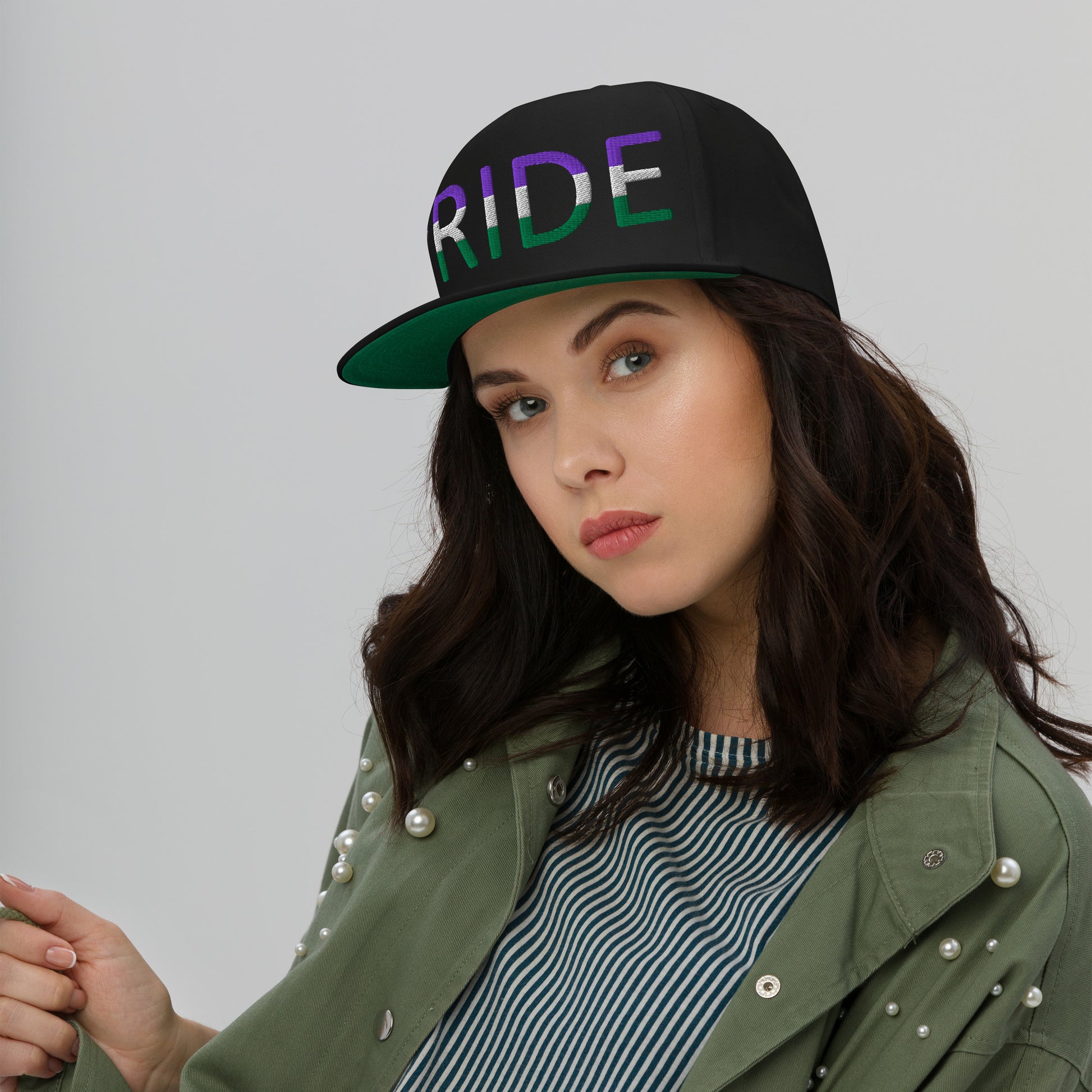 Genderqueer Pride Embroidered Snapback Baseball Cap genderqueer-pride-embroidered-snapback-baseball-cap-black-front-model