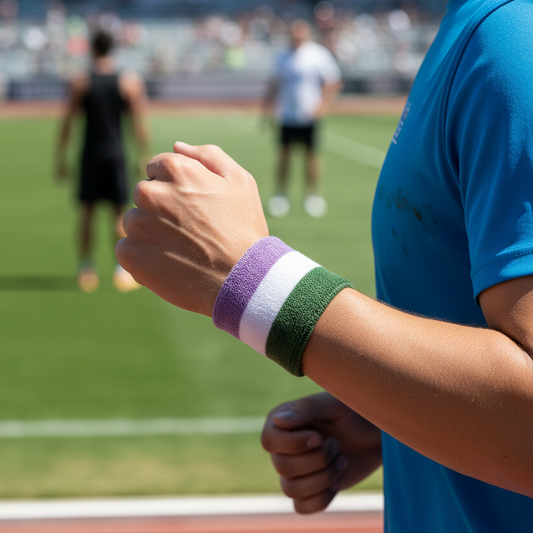 person wearing a lavender, white and green striped wristband at an outdoor sporting event