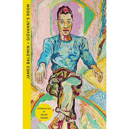 Book cover of 'Giovanni's Room' with a colorful illustration of a person sitting on a chair.