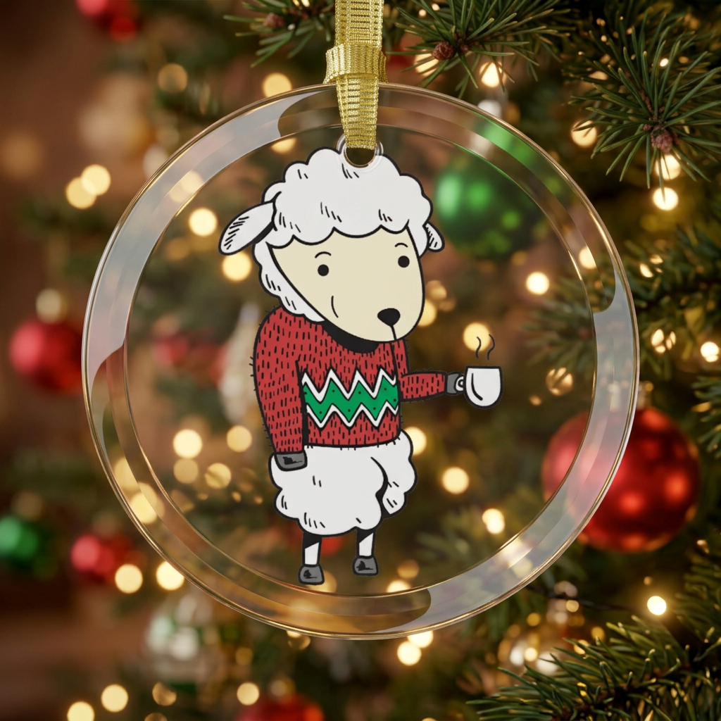 clear round glass holiday ornament with an image of a goat wearing a festive sweater while holding a coffee mug hung on a christmas tree with lights