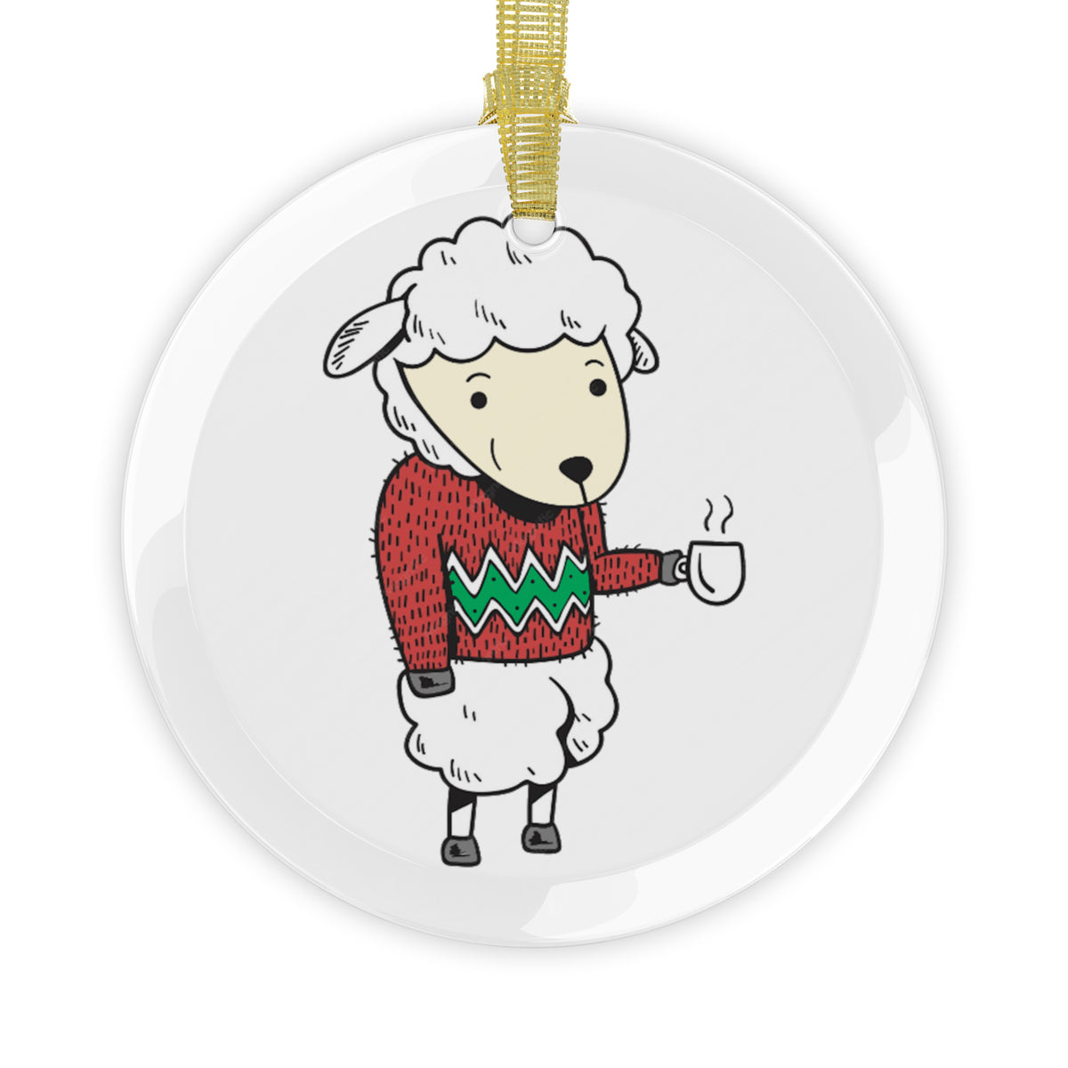 clear round glass holiday ornament with an image of a goat wearing a festive sweater while holding a coffee mug