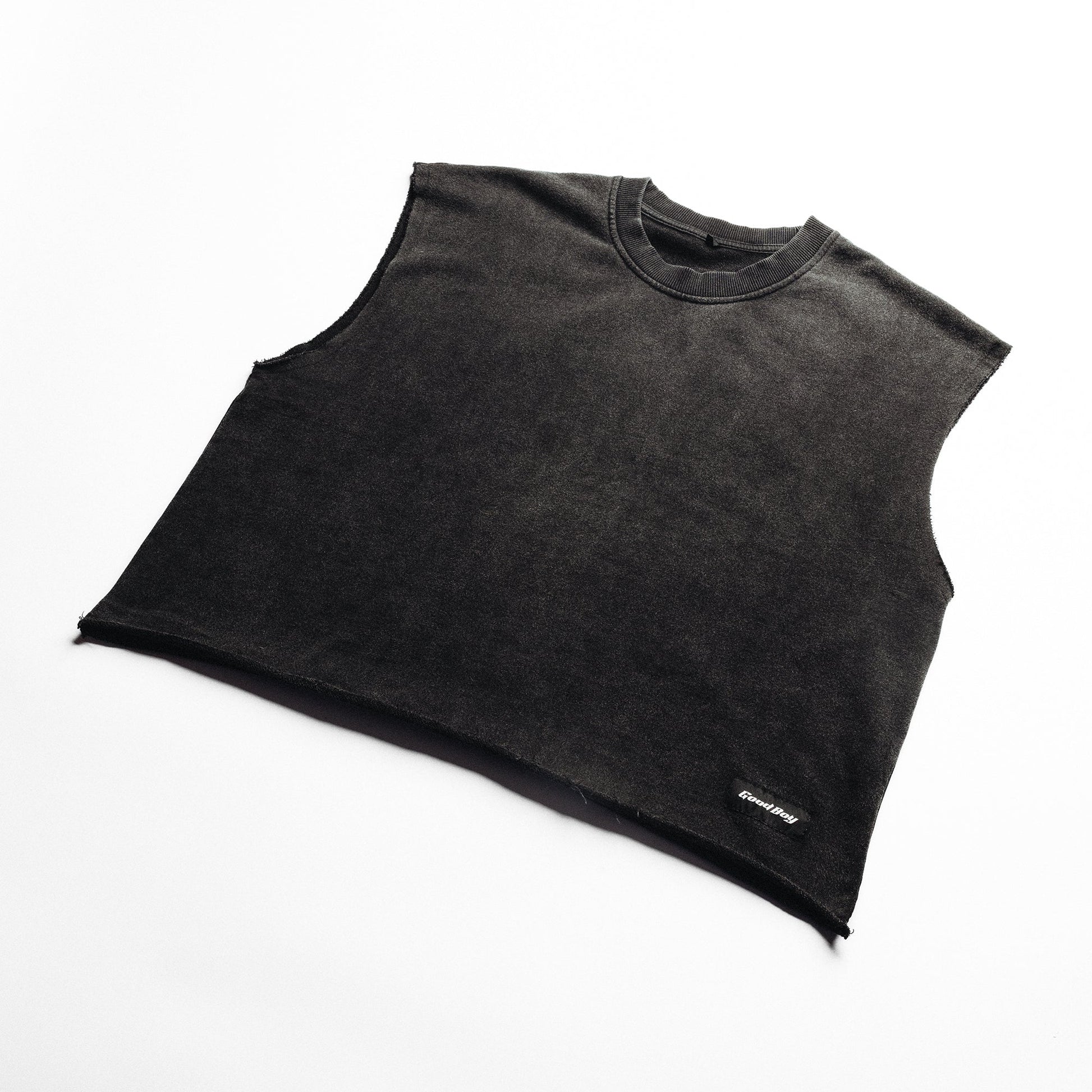 Black sleeveless shirt with a 'Good Boy' logo on a white background