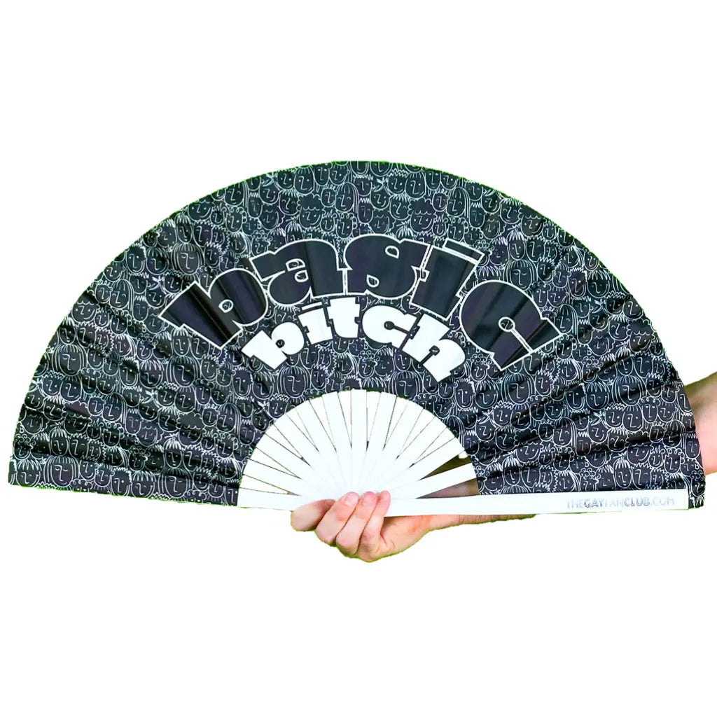 Handheld fan with 'Basic Bitch' text on a white background