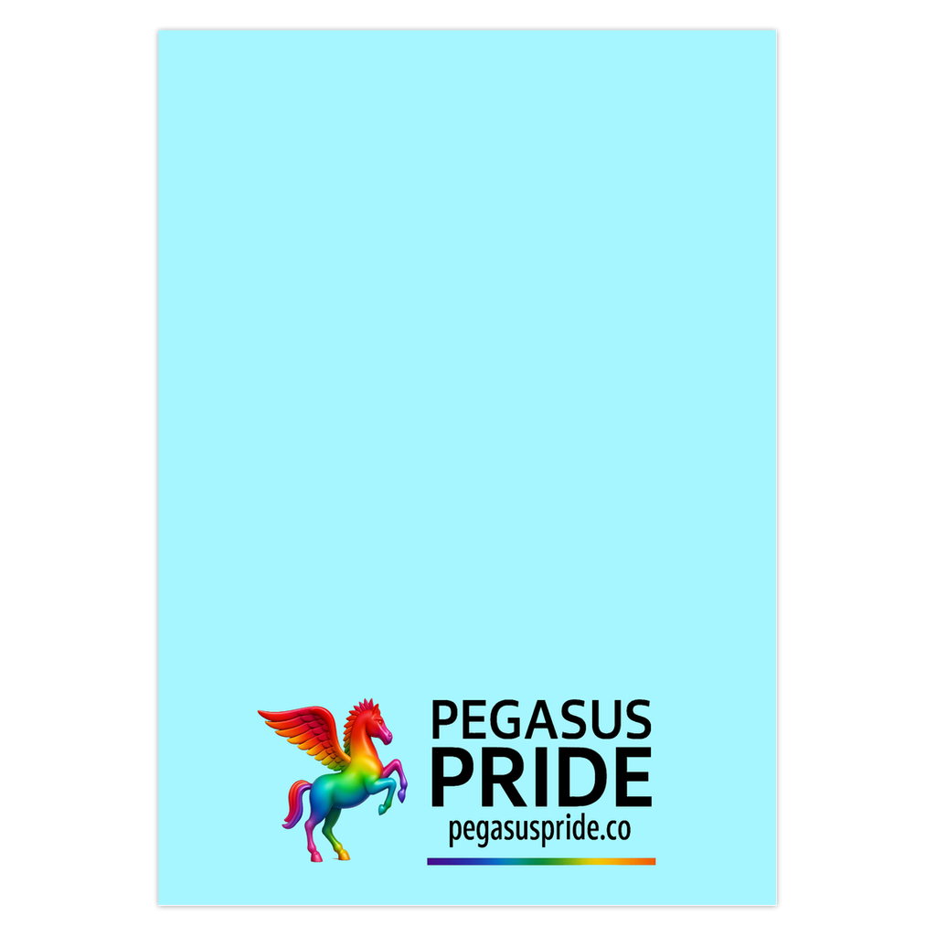 Pegasus Pride logo with a rainbow-colored Pegasus on a light blue background which is back of card