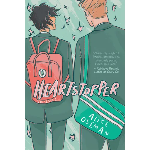 Book cover of 'Heartstopper' with two characters facing each other, one carrying a red backpack and the other a green one.