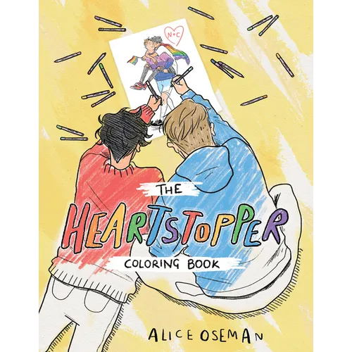 Cover of 'The Heartstopper Coloring Book' by Alice Oseman with two people embracing and a rainbow flag.