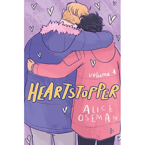 Book cover of 'Heartstopper' volume 4 with two characters hugging on a purple background.