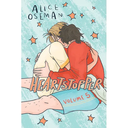 Book cover of 'Heartstopper Volume 5' by Alice Oseman with two characters embracing on a light blue background.