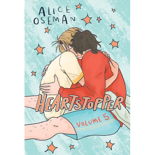 Book cover of 'Heartstopper Volume 5' by Alice Oseman with two characters embracing on a light blue background.