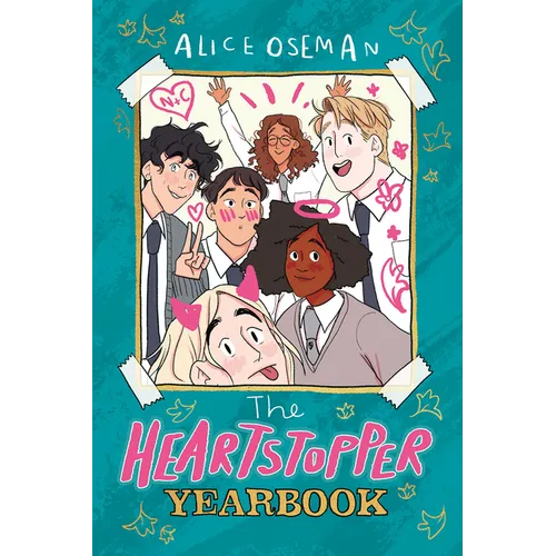 Book cover of 'The Heartstopper Yearbook' by Alice Oseman with cartoon characters on a teal background.