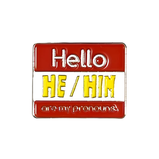 Pronoun lapel pin with 'Hello HE/HIM are my pronouns' text on a white background