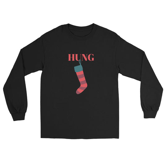 Black long sleeve shirt with red text that reads 'hung' with a holiday stocking hanging from the letter 'U'